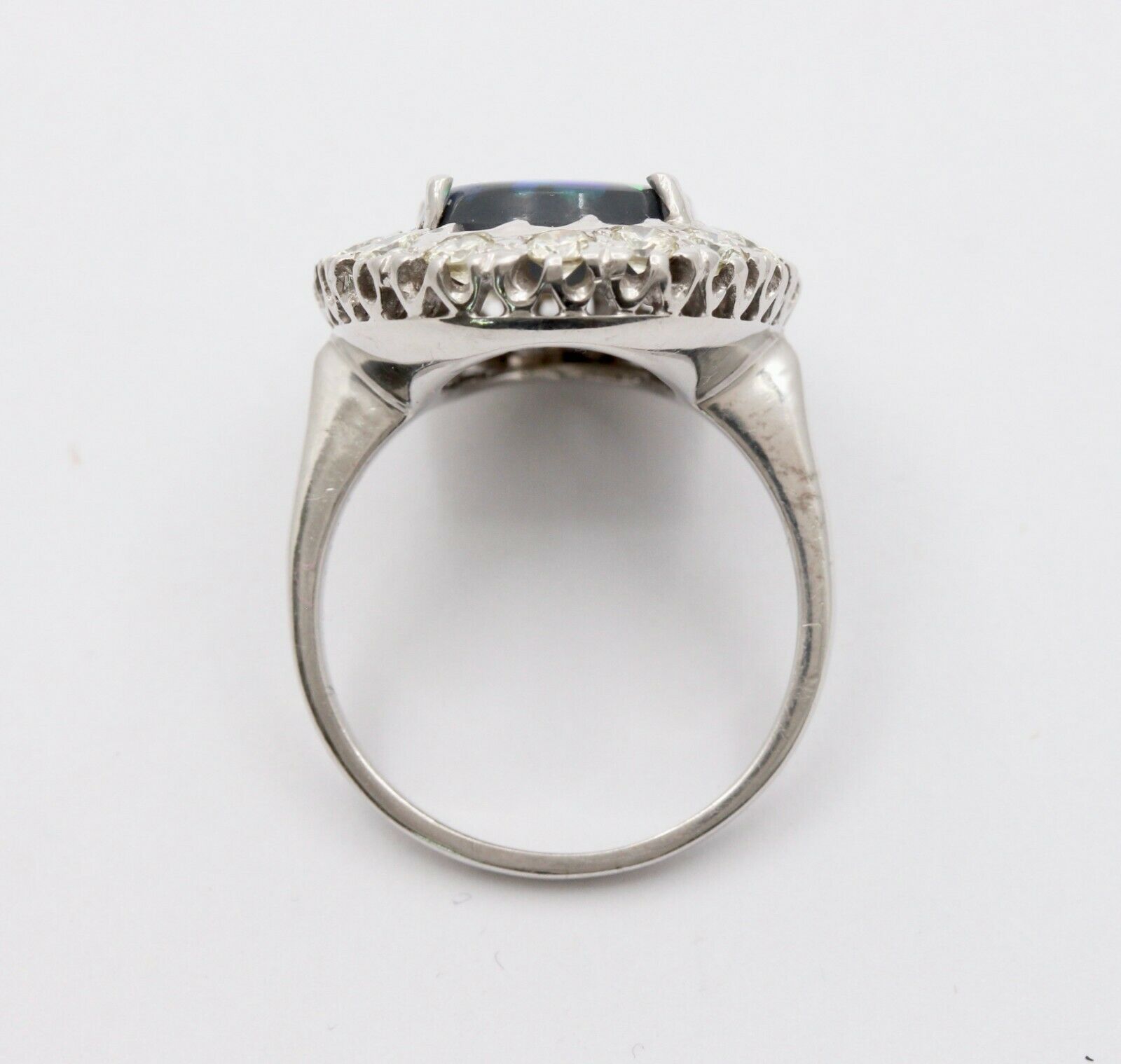Vintage 14K White Gold Australian Black Opal Diamond Halo Setting Cocktail Ring