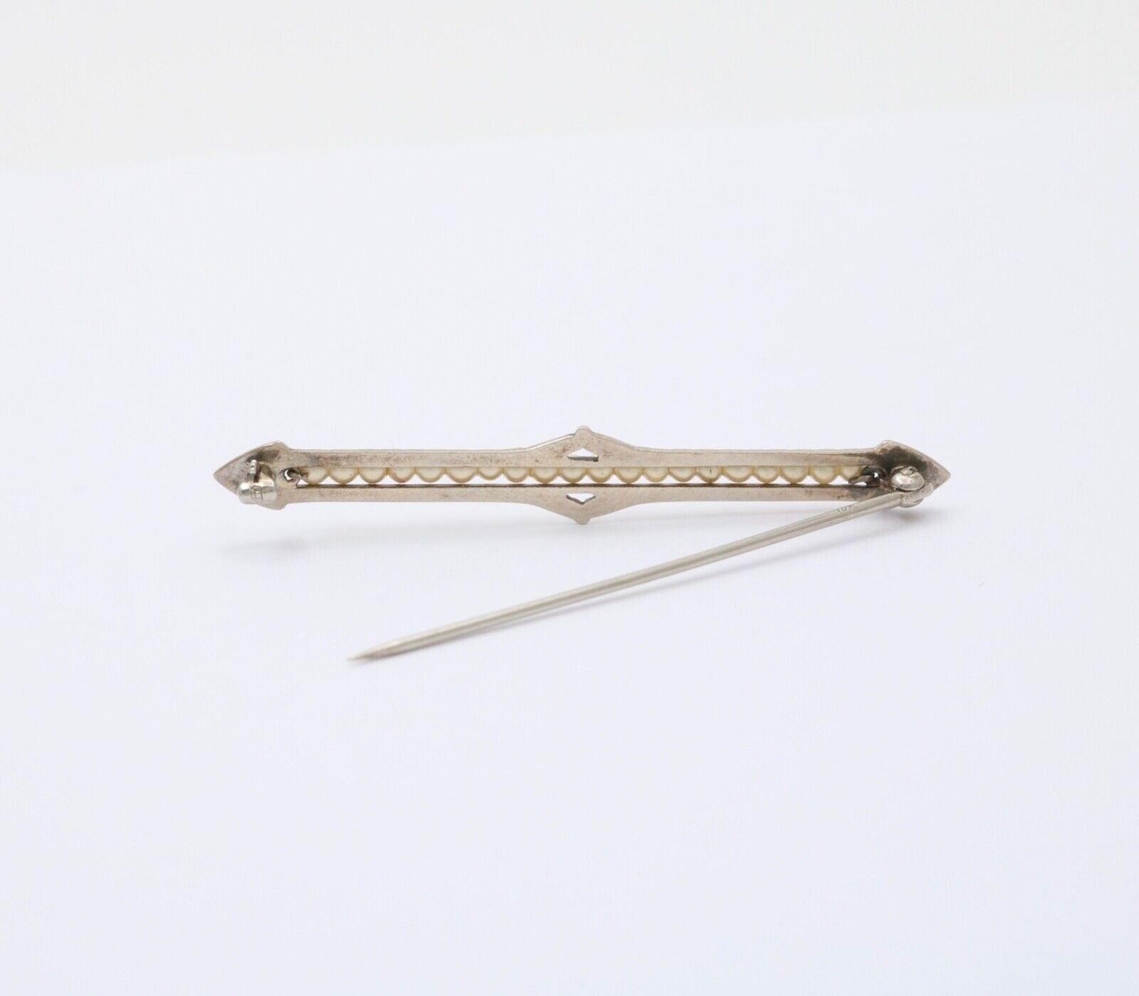 Antique 10K White Gold Art Deco Pearl Bar Brooch, Pin