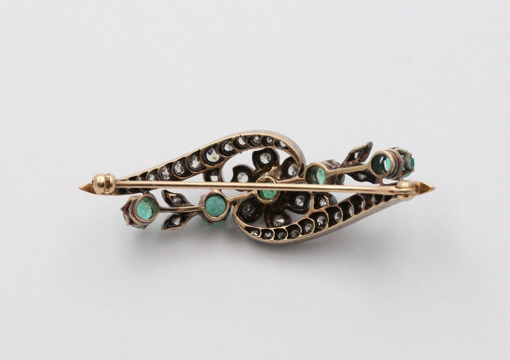 Victorian Emerald Diamonds Platinum 14K YG Flower Brooch Pin