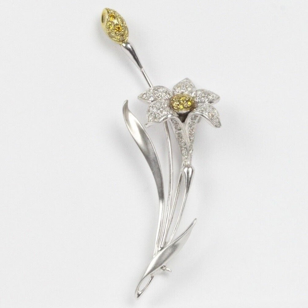 Vintage 18K White Gold Elegant Lily Flower Diamonds Brooch Pin