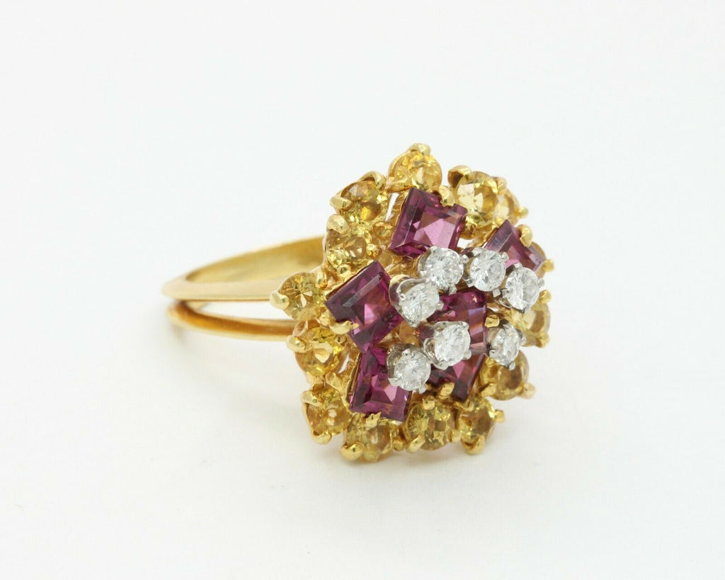 Vintage 18K Yellow Gold La Triomphe Diamond Yellow Sapphire Garnet Cocktail Ring