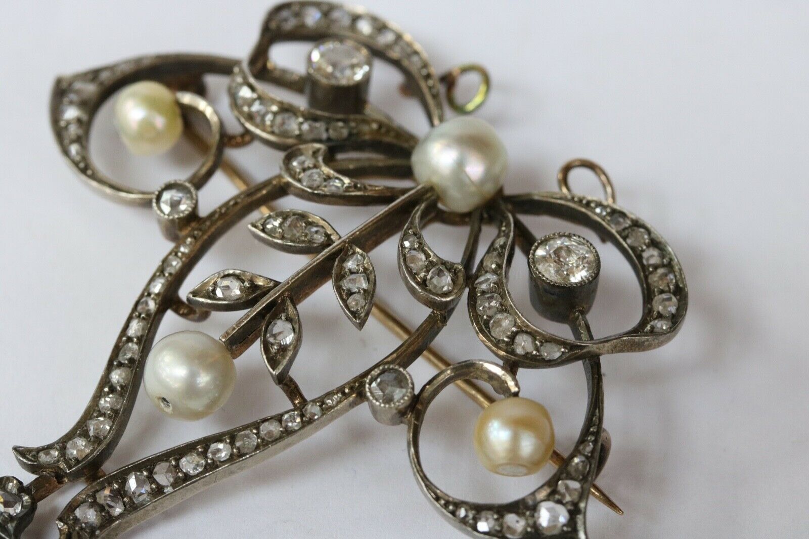 Victorian Gold Over Silver Diamonds Pearls Brooch Pendant