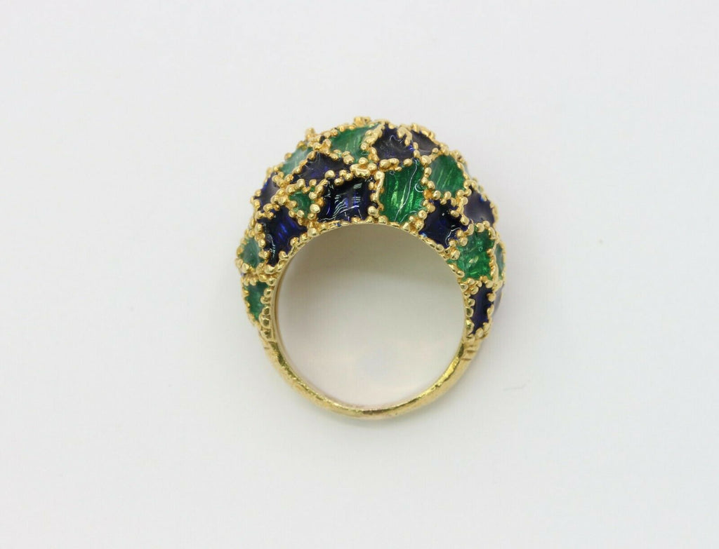 Vintage 18K Gold Blue & Green Enamel Dome Ring