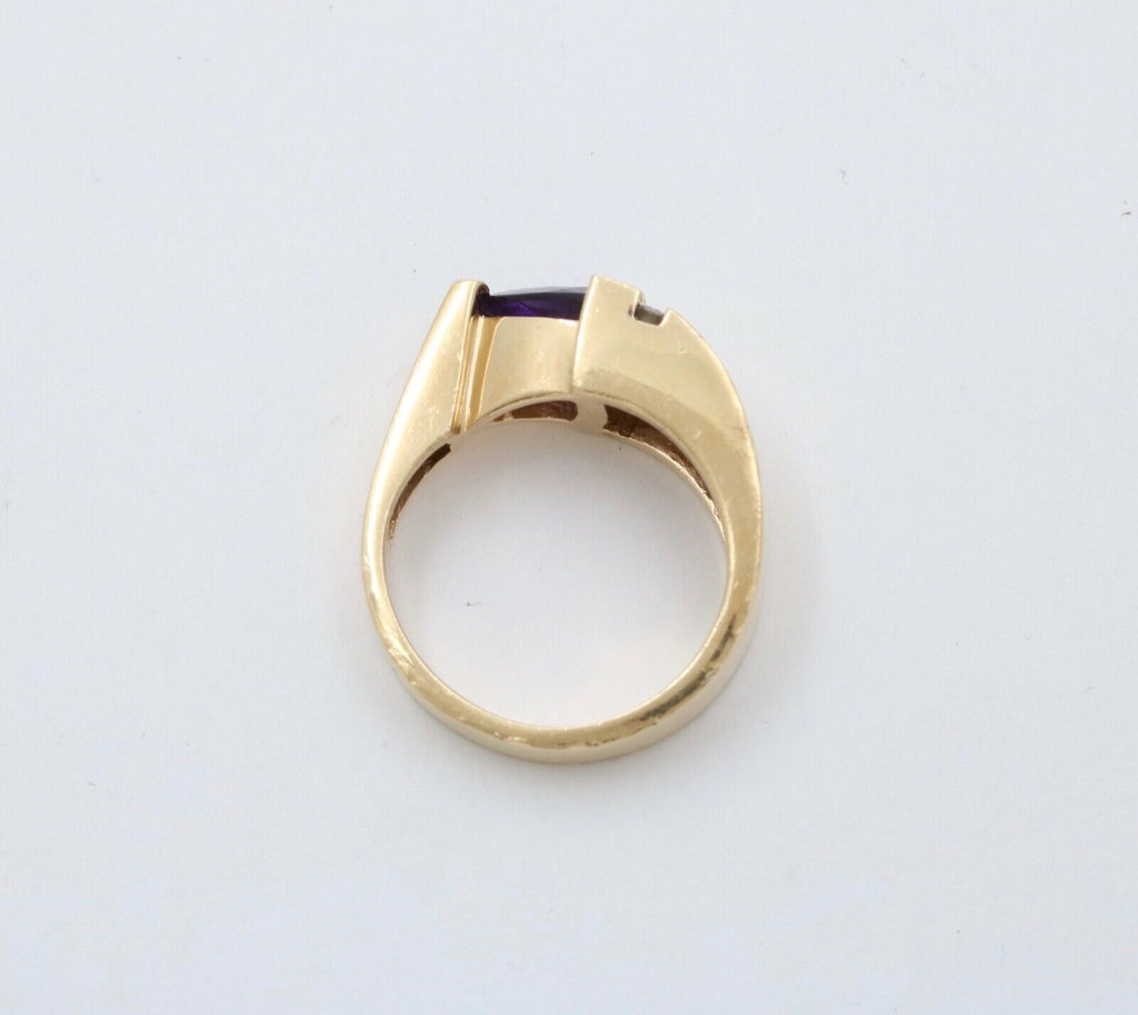 MidCentury 14K Yellow Gold Geometric Siberian Triangle Amethyst Diamond Ring Ban