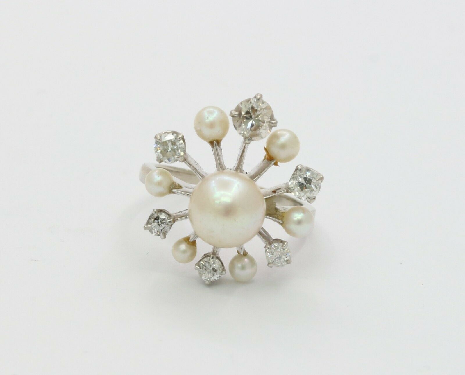Vintage 14K White Gold Old European Cut Diamond Pearl Ring