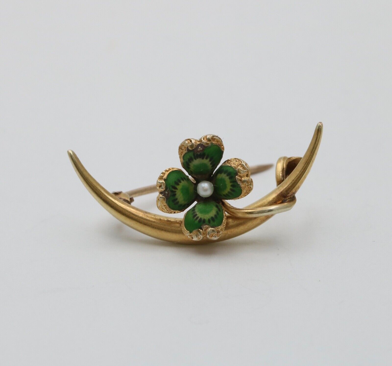 Victorian Crescent Enamel Four Leaf Clover Seed Pearl Brooch Pin