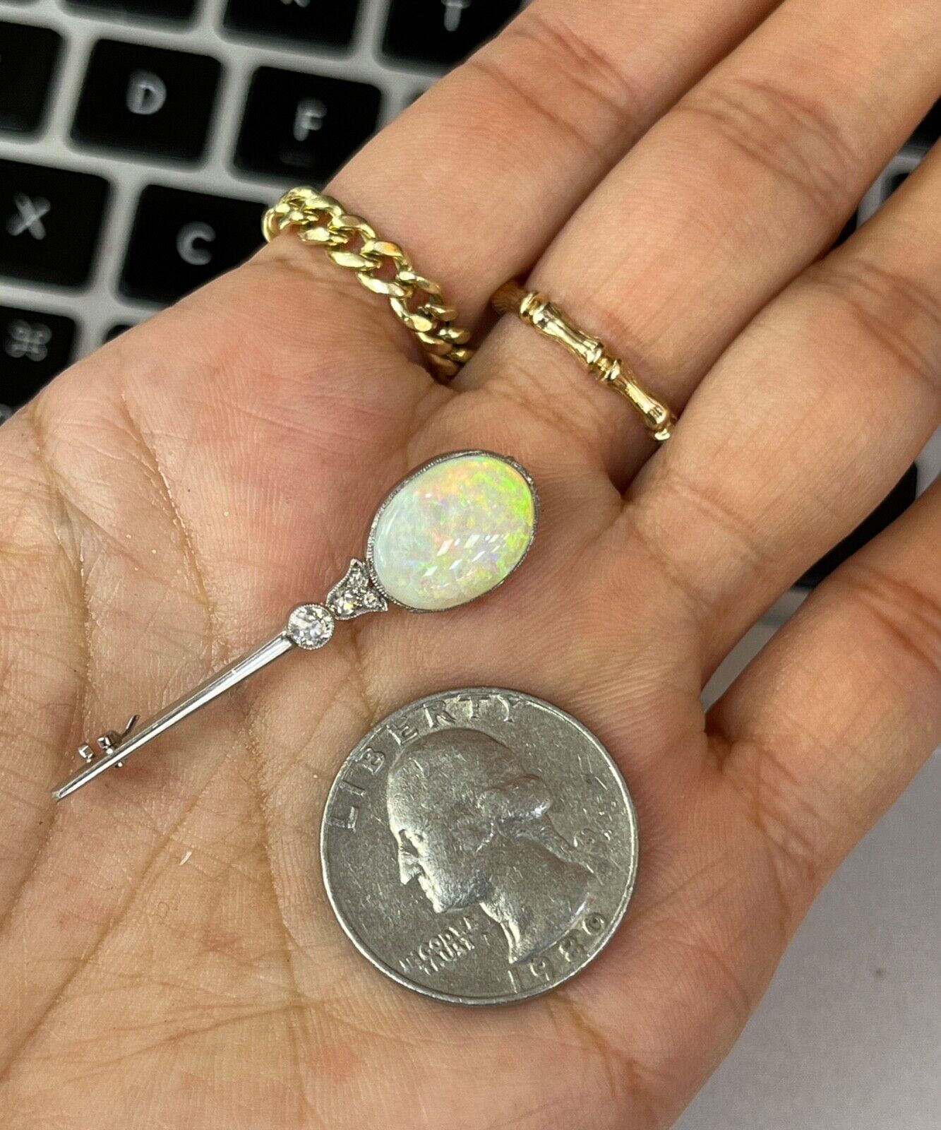 Art deco Opal and Diamond 18K Gold Brooch, Pin