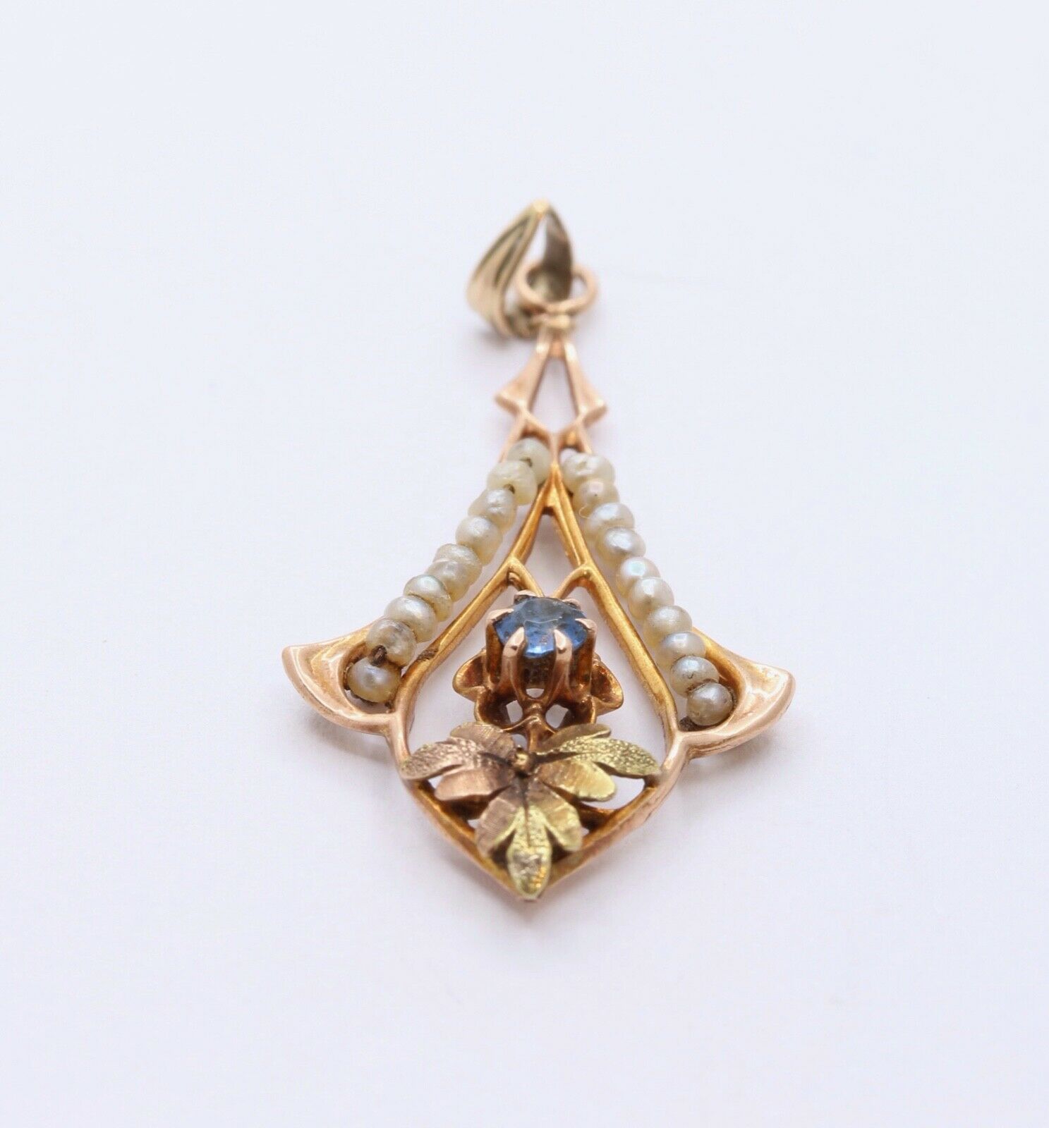 Victorian 10 Rose Gold Blue Sapphire Seed Pearls Pendant