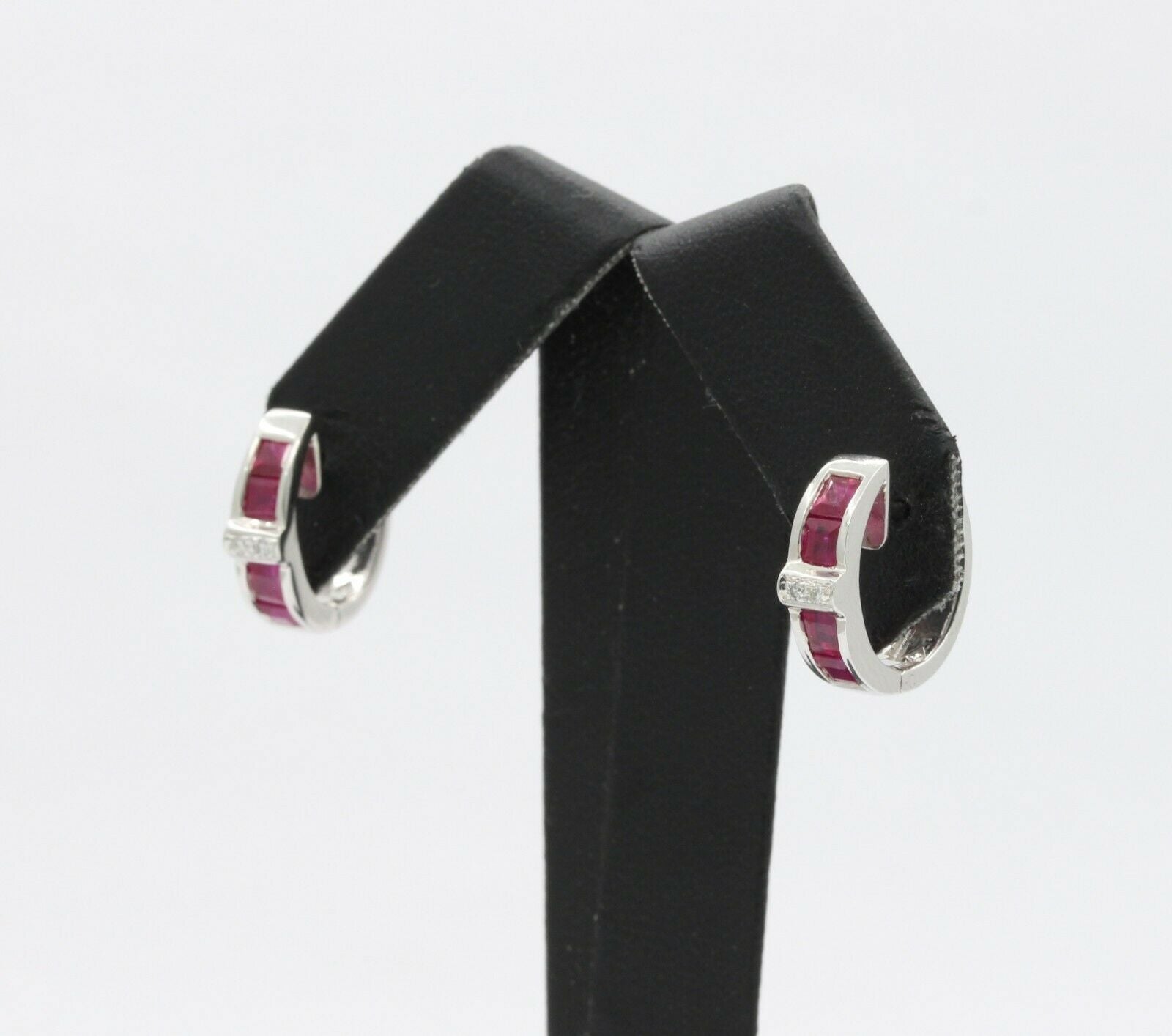 18K White Gold Diamond, Natural Ruby Huggie Earrings