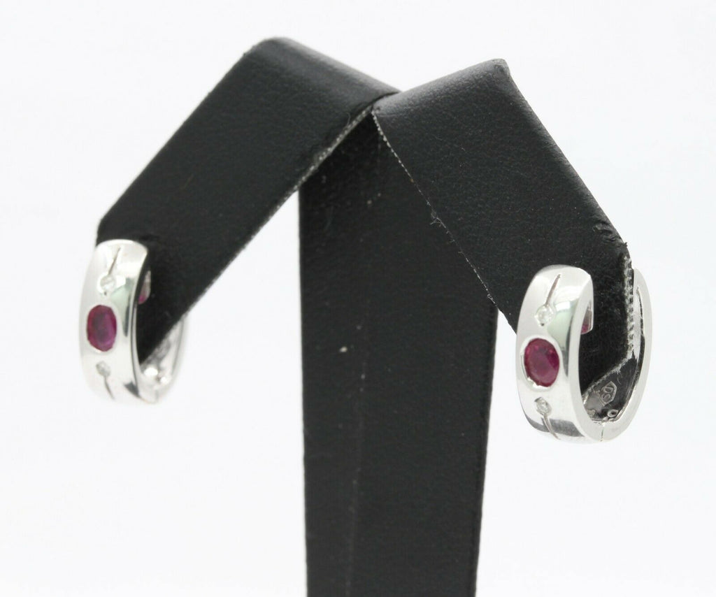 Cute 18K White Gold Natural Ruby Diamond Huggie Earrings