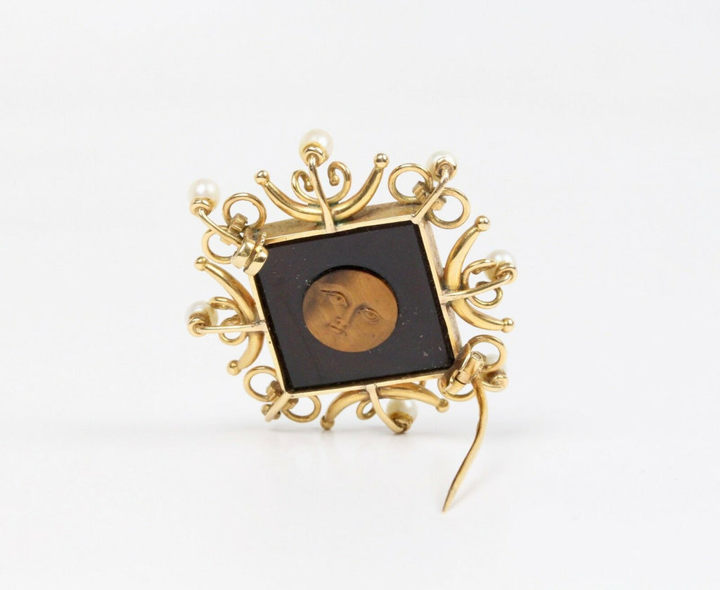 Vintage 18K Yellow Gold Tigers Eye Pearl Carving Brooch