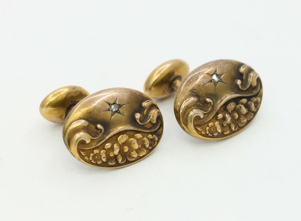Art Nouveau Men's Cufflinks Diamonds 10K Yellow Gold