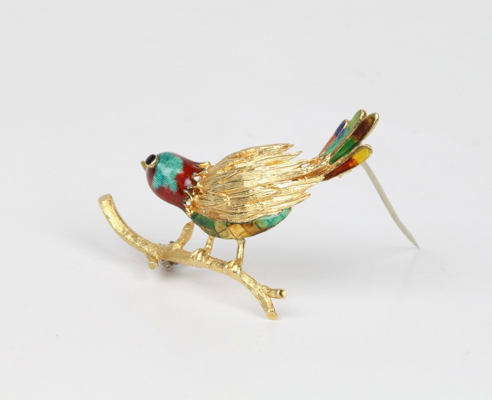 Vintage 18K Yellow Gold Enamel Bird Brooch Pin
