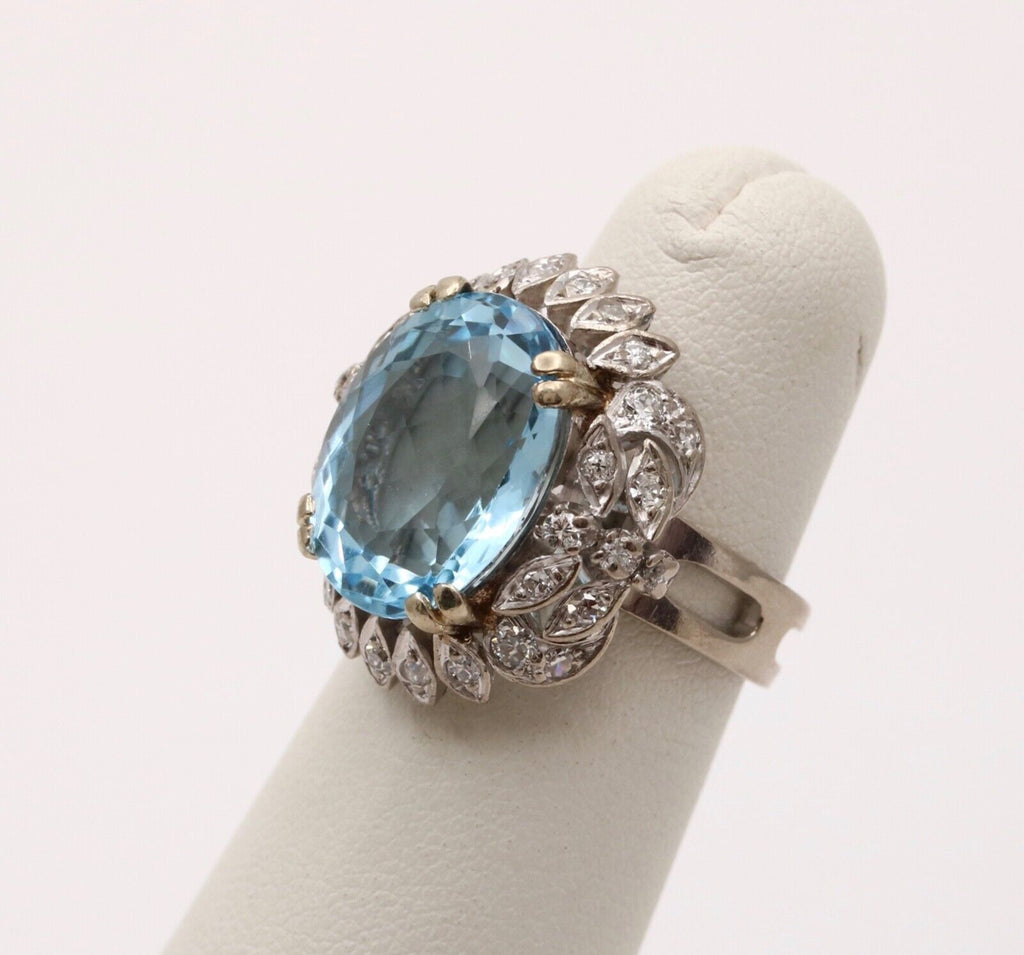 Vintage Blue Topaz Diamonds 14K White Yellow Gold Cocktail Ring