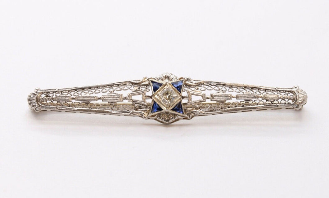 Art Deco Diamond Sapphires 14K White Gold Bar Pin Brooch