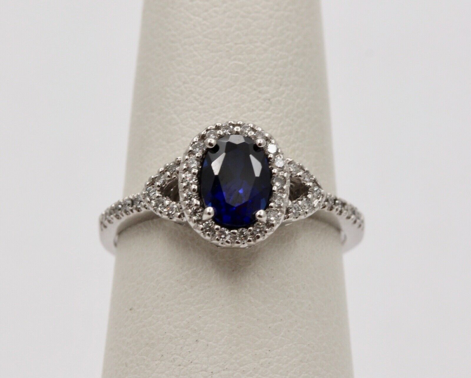 Vintage Cushion Cut Sapphire and Diamond Halo 14K White Gold Ring