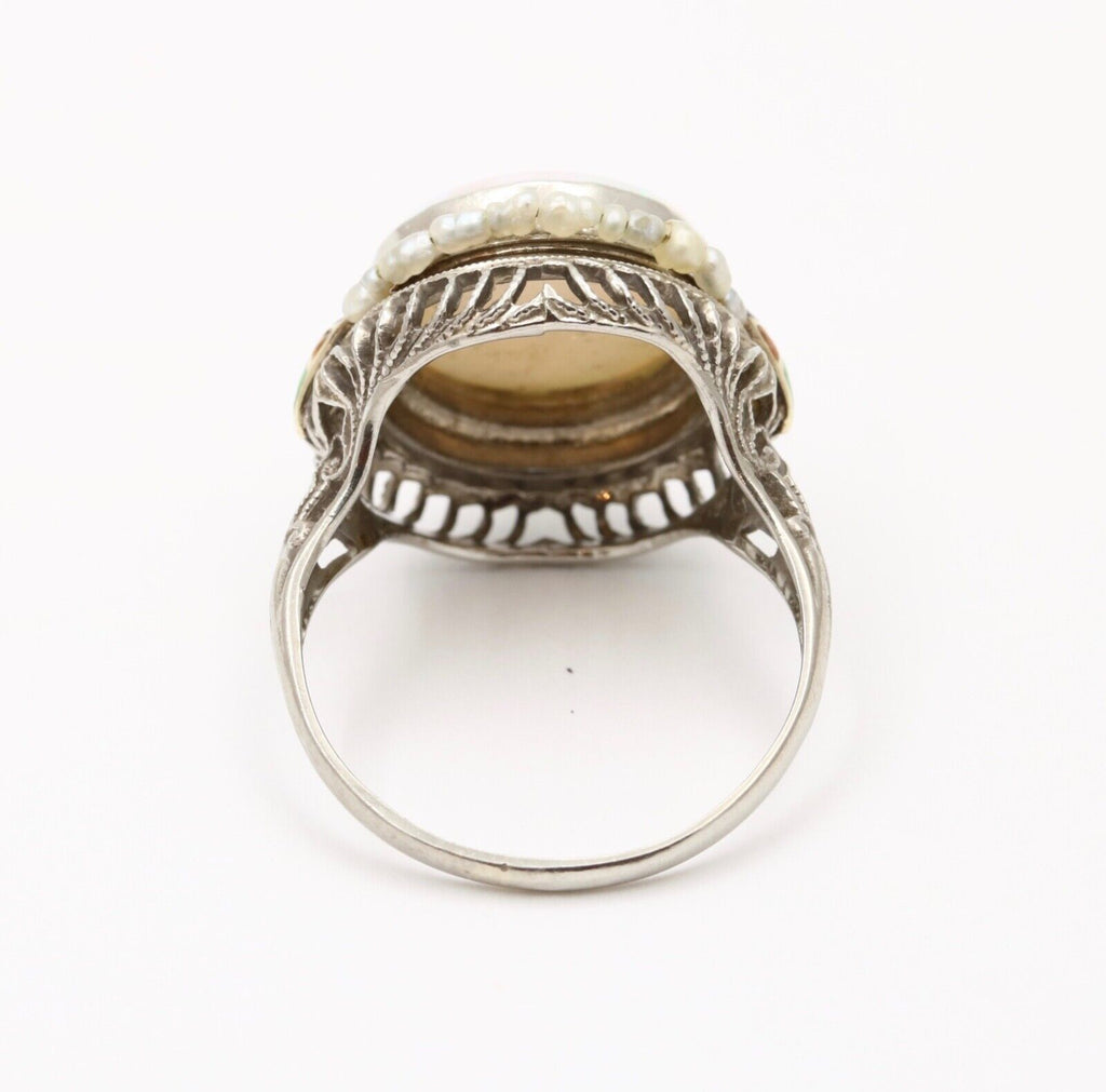 Antique Art Deco 10K White Gold Opal and Pearl Enamel Ring.