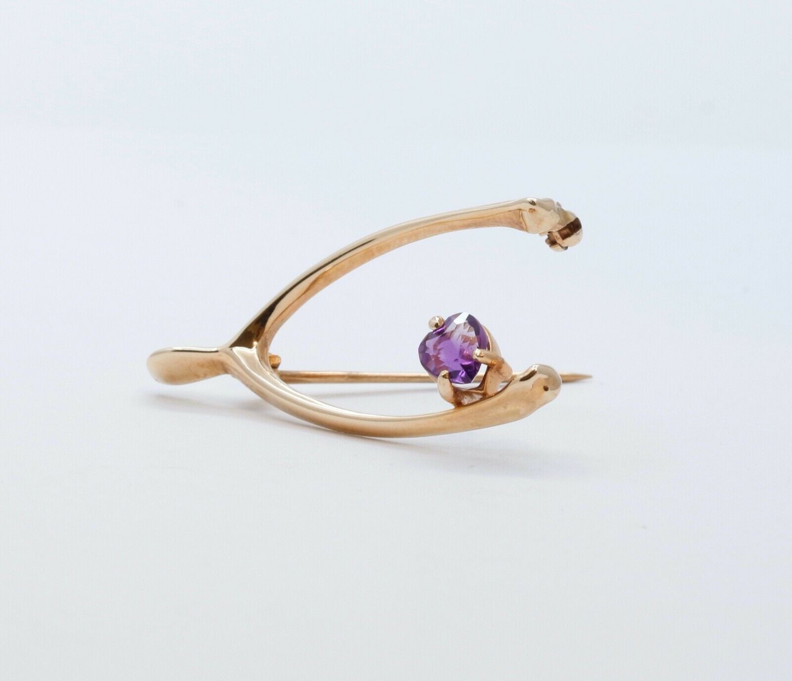 Vintage Lucky 14K Yellow Gold Wishbone Heart Amethyst Pendant Pin