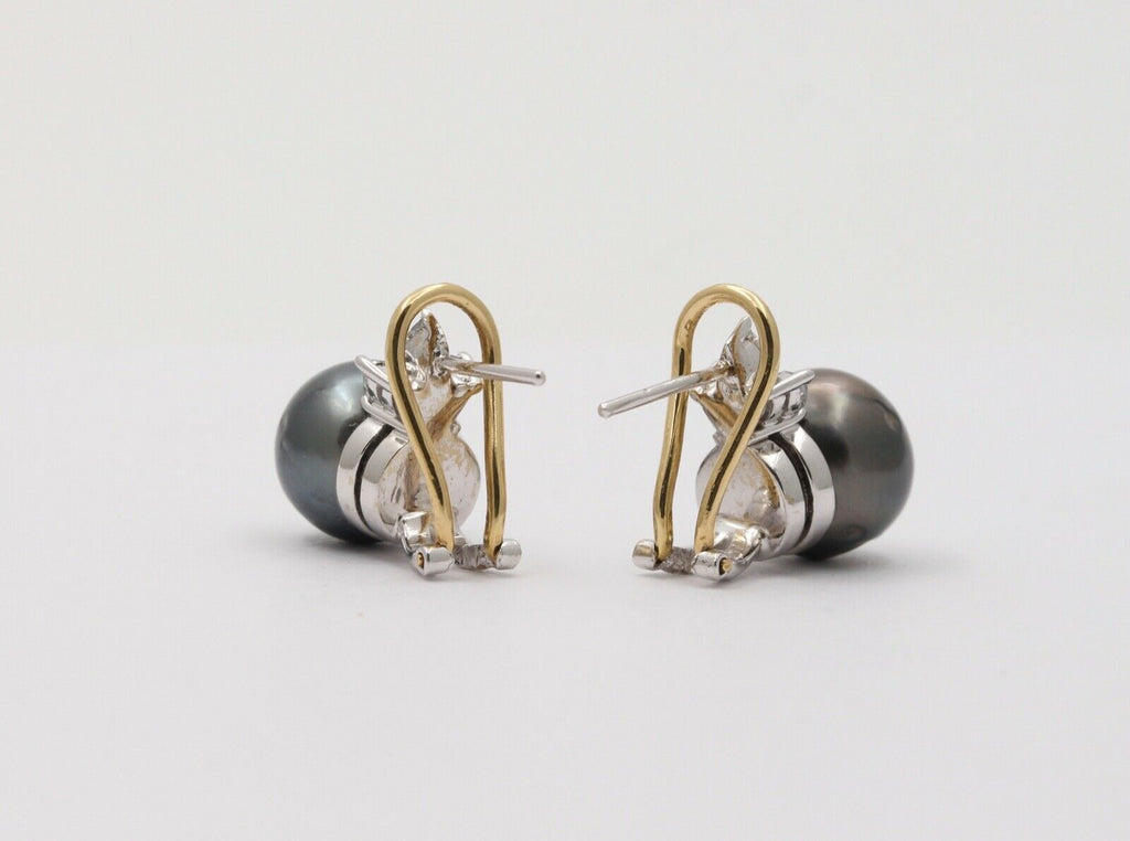 Lovely Tahitian Pearl Diamonds 18K White Yellow Gold Vintage Earrings