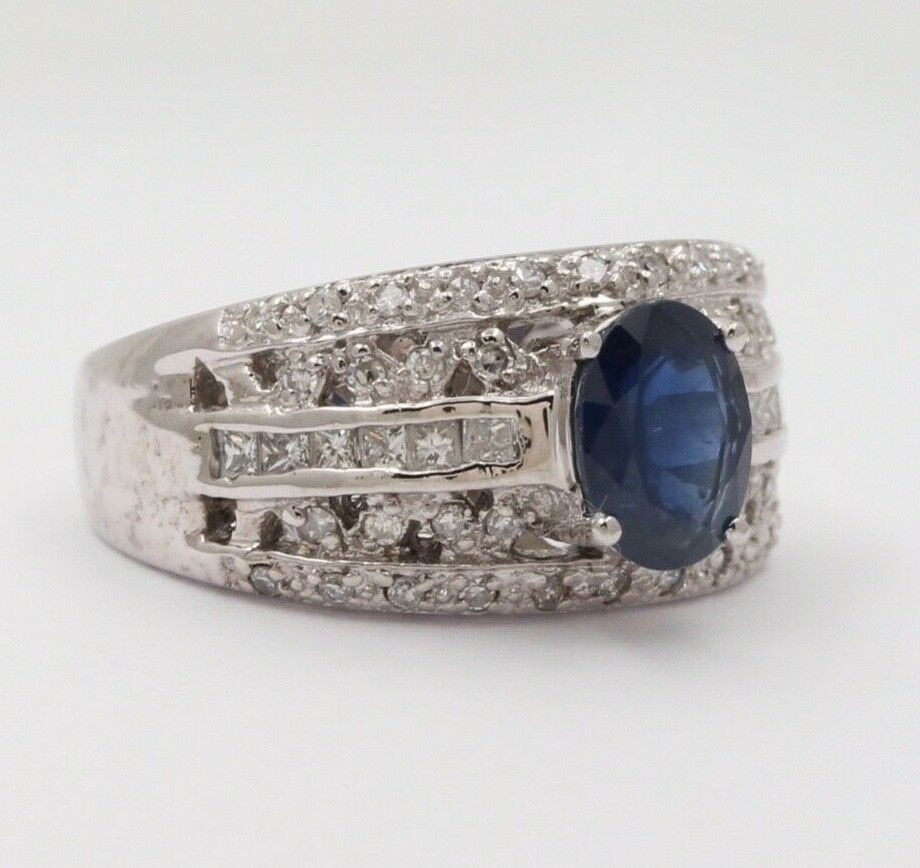 Vintage Sapphire and Diamond 10K White Gold Ring, Ring Band , Cocktail Ring