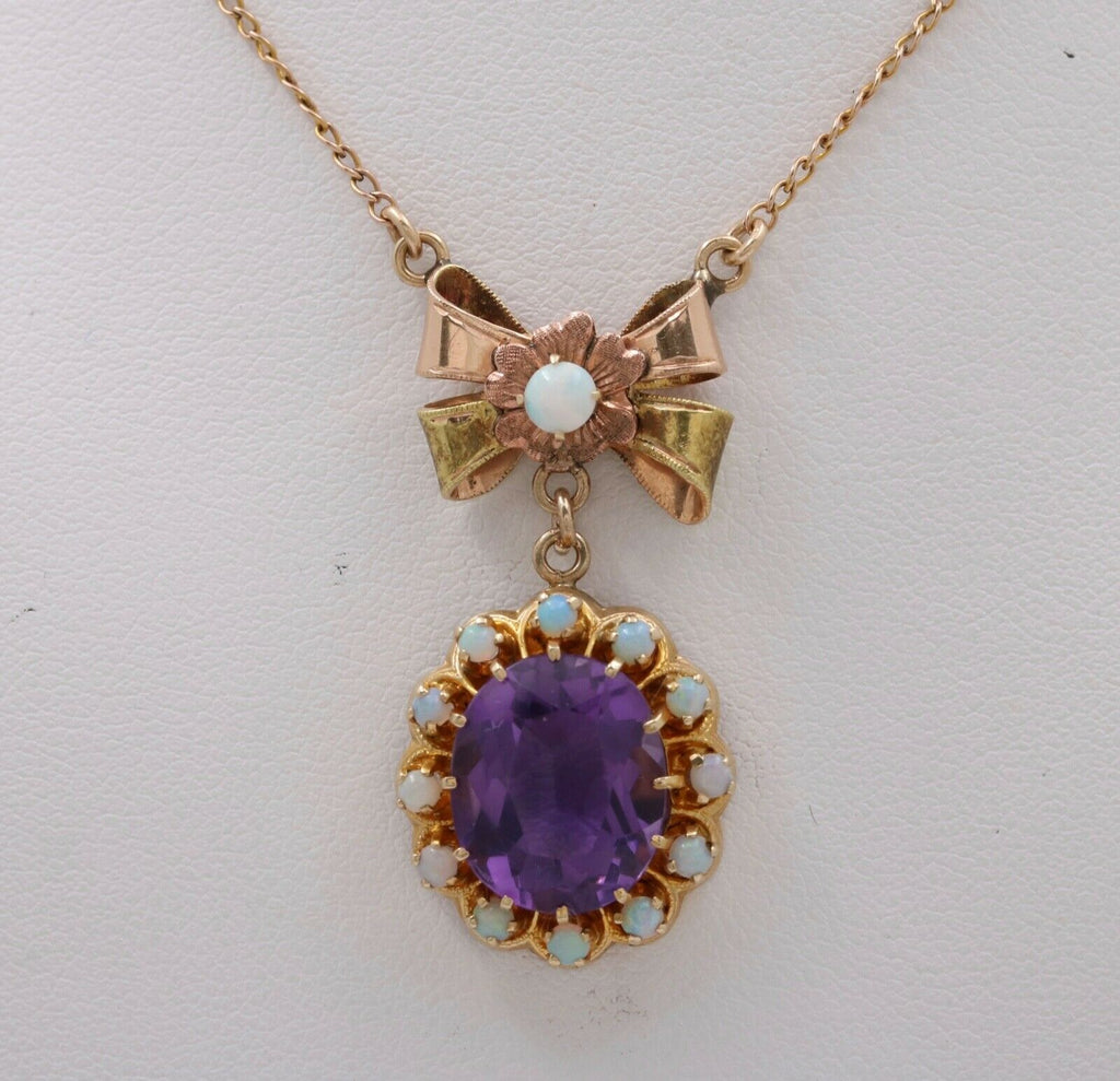 Vintage Bow Amethyst Opals 10K Yellow Gold Pendant and Chain