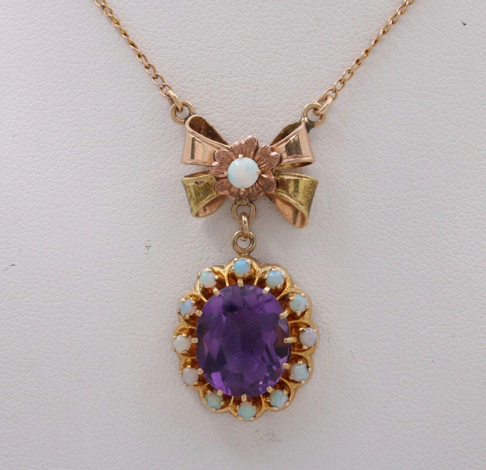 Vintage Bow Amethyst Opals 10K Yellow Gold Pendant and Chain