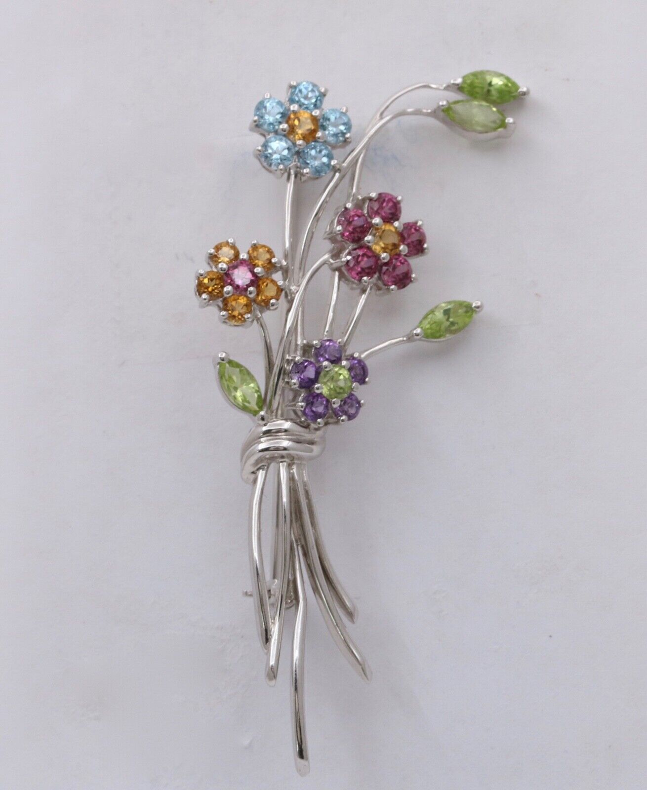 Vintage Flower Bouquet Multi Stone 14K White Gold Brooch