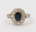 Art Deco Blue Sapphire Single Cut Diamonds 14K Yellow White Gold Ring