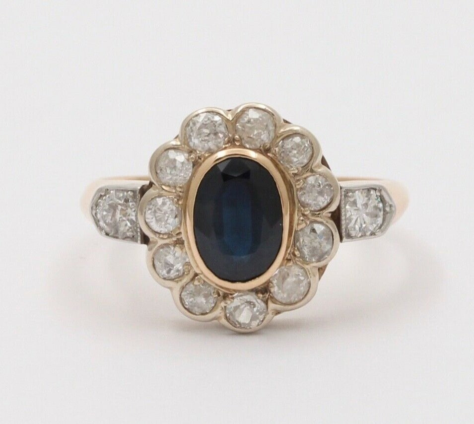 Art Deco Blue Sapphire Single Cut Diamonds 14K Yellow White Gold Ring