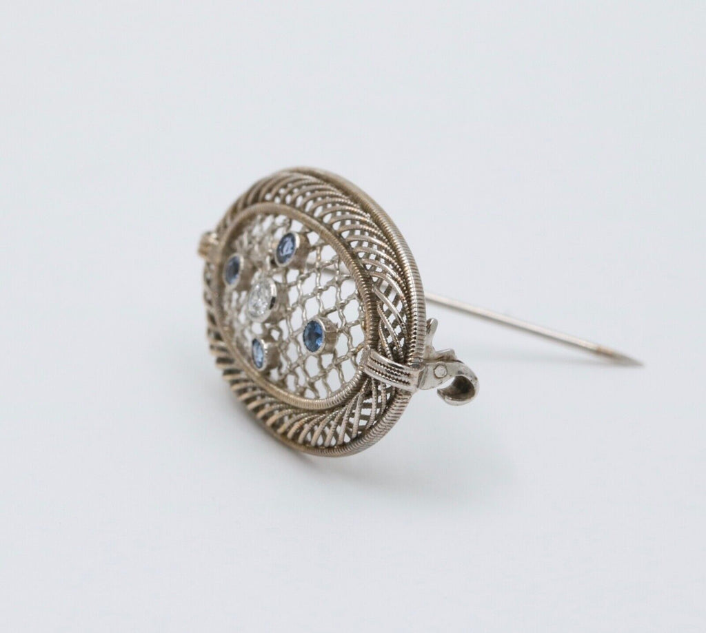 Antique Art Deco Filigree Diamond & Sapphire Brooch, Pin