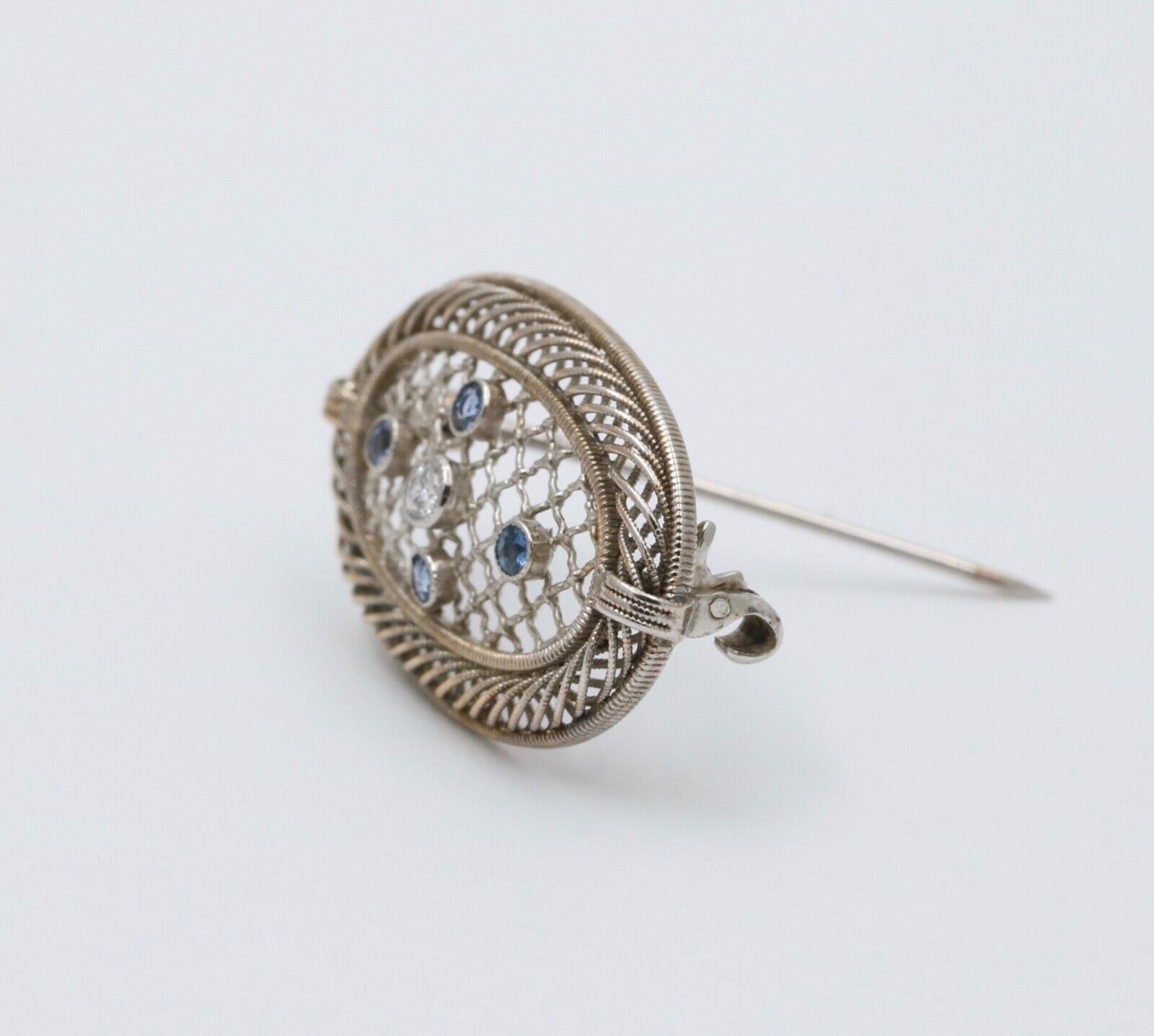 Antique Art Deco Filigree Diamond & Sapphire Brooch, Pin