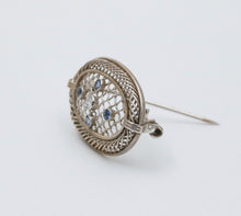 Load image into Gallery viewer, Antique Art Deco Filigree Diamond &amp; Sapphire Brooch, Pin
