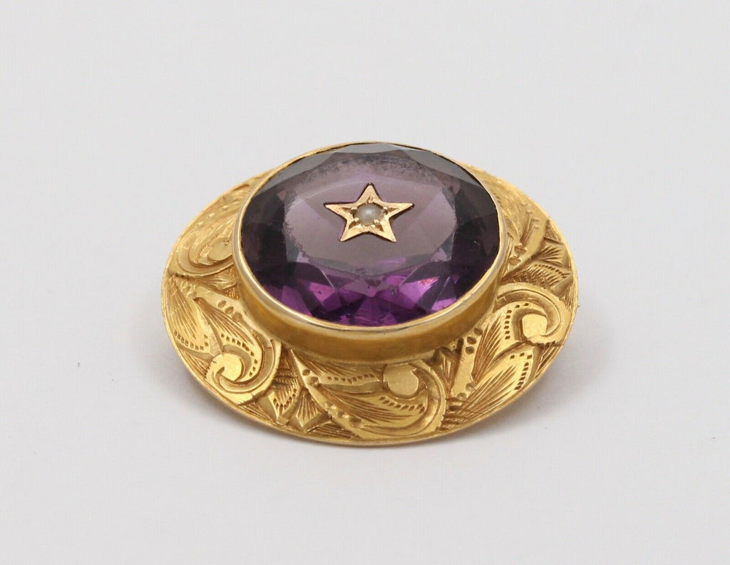Victorian 14K Yellow Gold Amethyst & Seed Pearl Brooch Pin