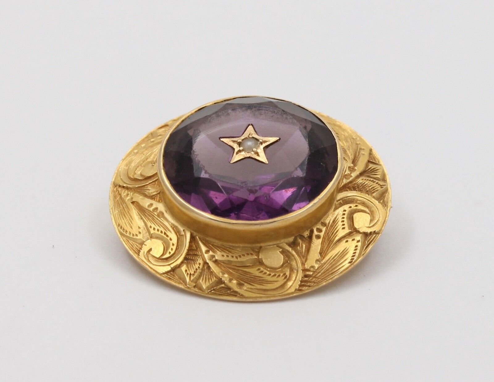 Victorian 14K Yellow Gold Amethyst & Seed Pearl Brooch Pin