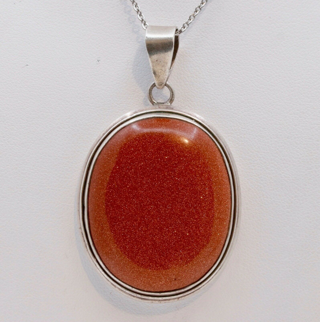 Huge Vintage Sterling Silver Goldstone Pendant