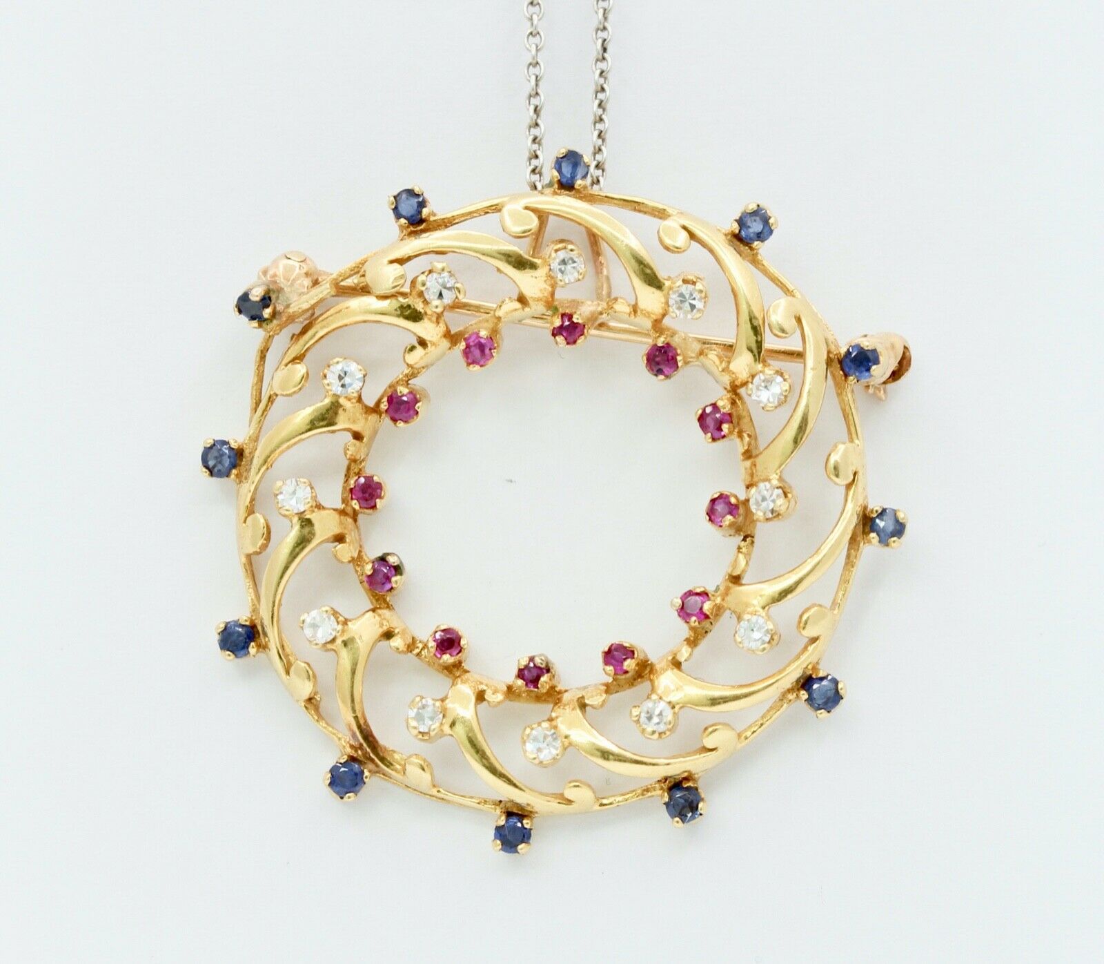 Wreath Brooch Pendant 18K Yellow Gold Diamonds Rubies Sapphires