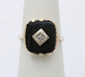Antique 14K Yellow Gold Rectangle Onyx Diamond Ring, Antique Ring