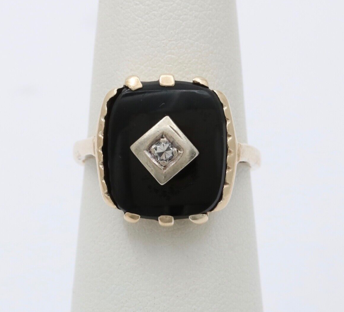 Antique 14K Yellow Gold Rectangle Onyx Diamond Ring, Antique Ring