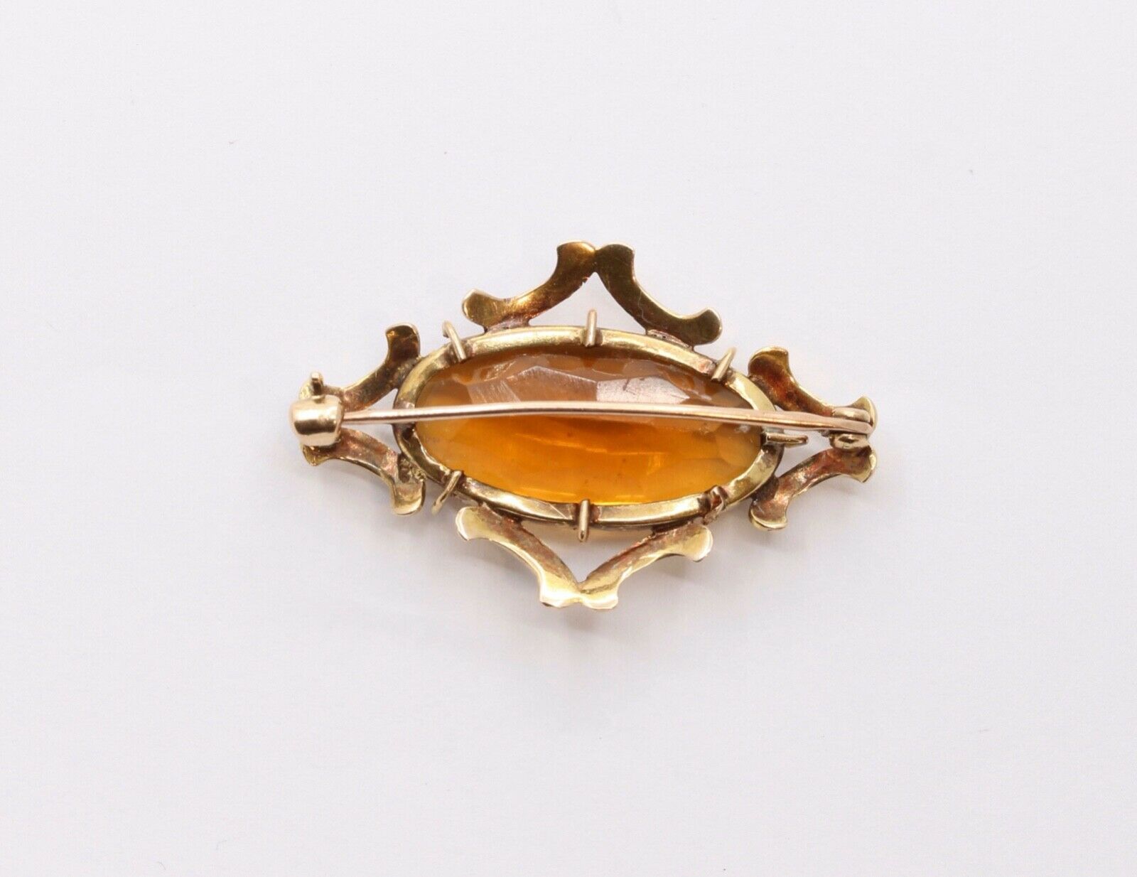 Vintage Citrine White Enamel 14K Yellow Gold Brooch Pin