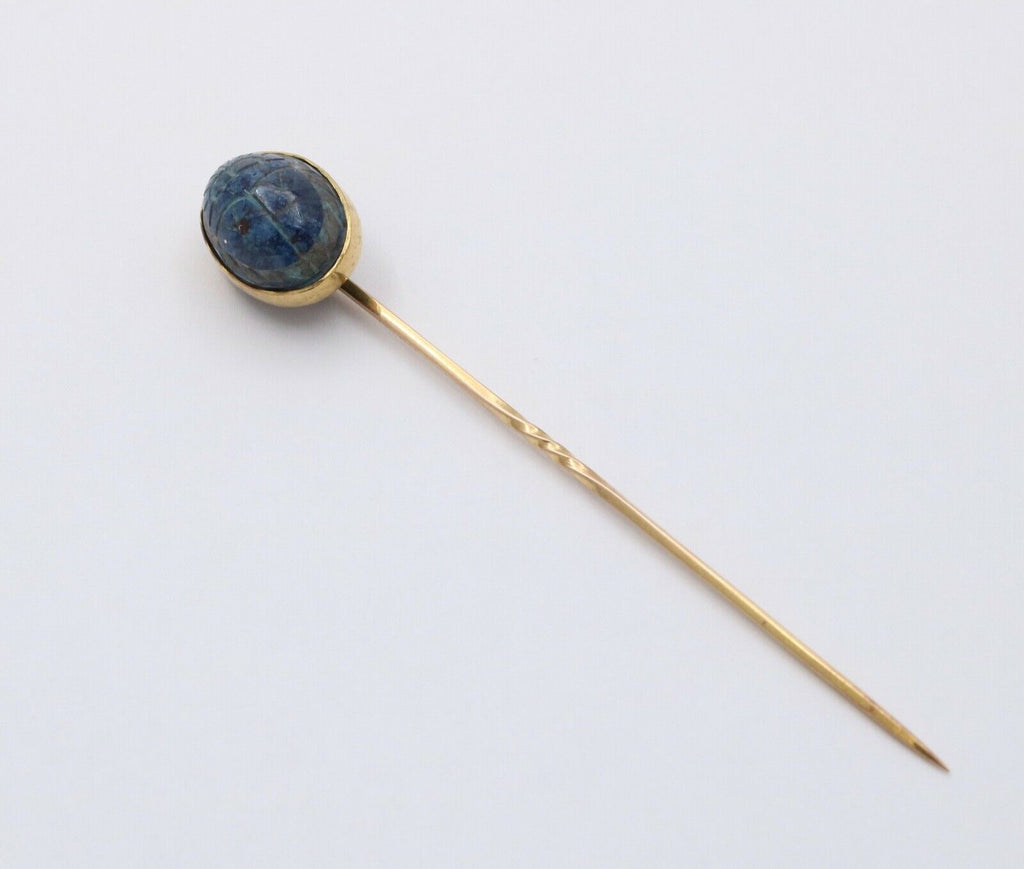Antique 14K Yellow Gold Egyptian Revival Scarab Sodalite Stick Pin, Lapel Pin