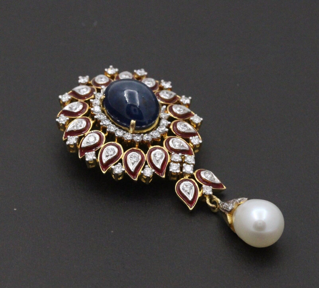 Gorgeous 18K Yellow Gold Cabochon Sapphire, Pearl And Diamond Pendant
