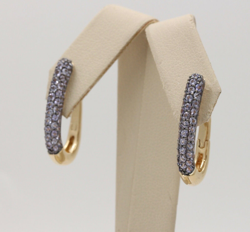 Vintage Pave Tanzanite Hoop 14K Yellow Gold Earrings. Estate Jewelry.
