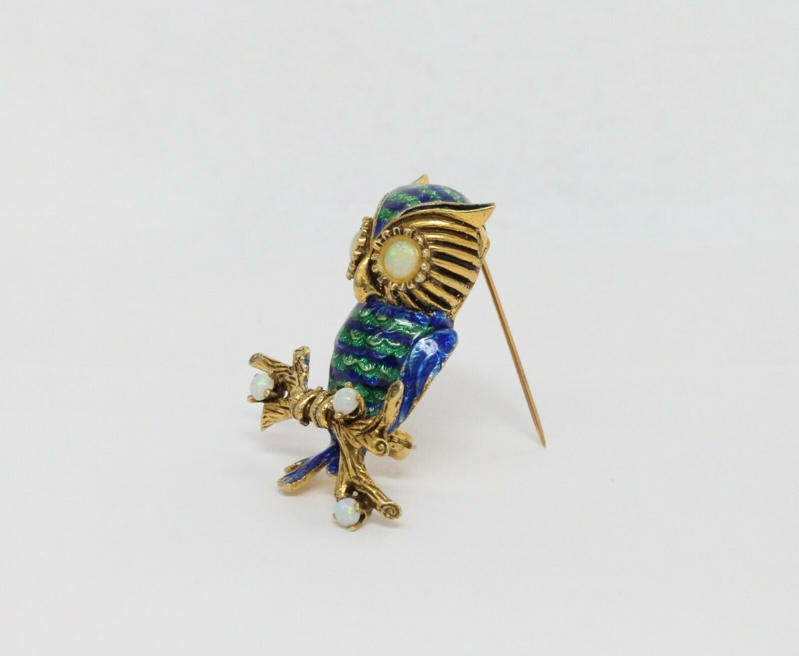 Vintage Enamel 18K Yellow Gold Opal Owl Brooch