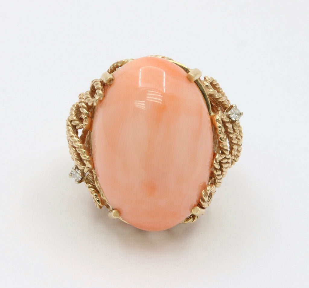 Huge Cabochon Angel Skin Coral Diamonds 14K Yellow Gold Ring