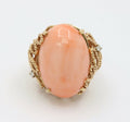 Huge Cabochon Angel Skin Coral Diamonds 14K Yellow Gold Ring
