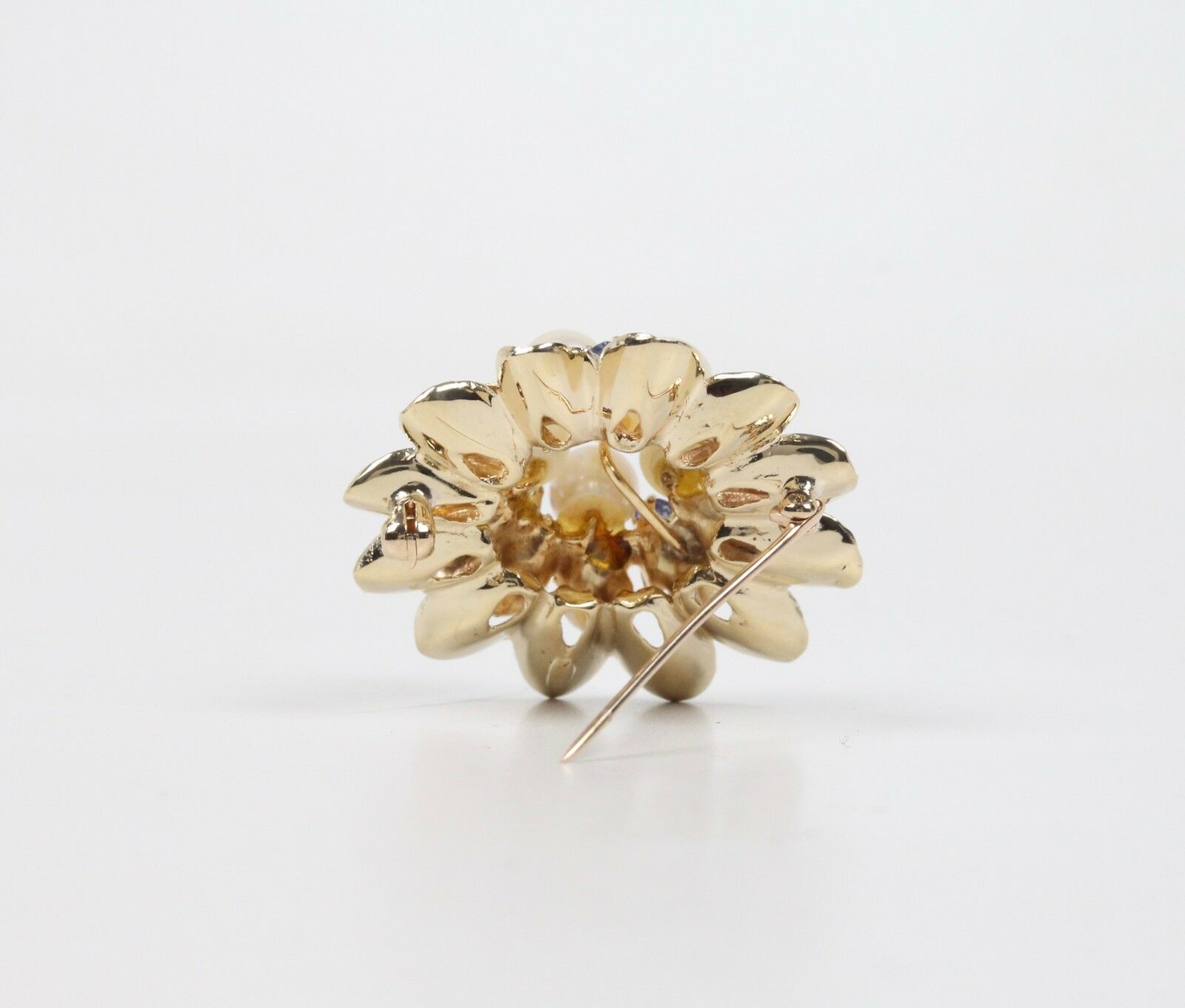 Vintage 14K Yellow Gold Pearl Sapphire Floral Brooch