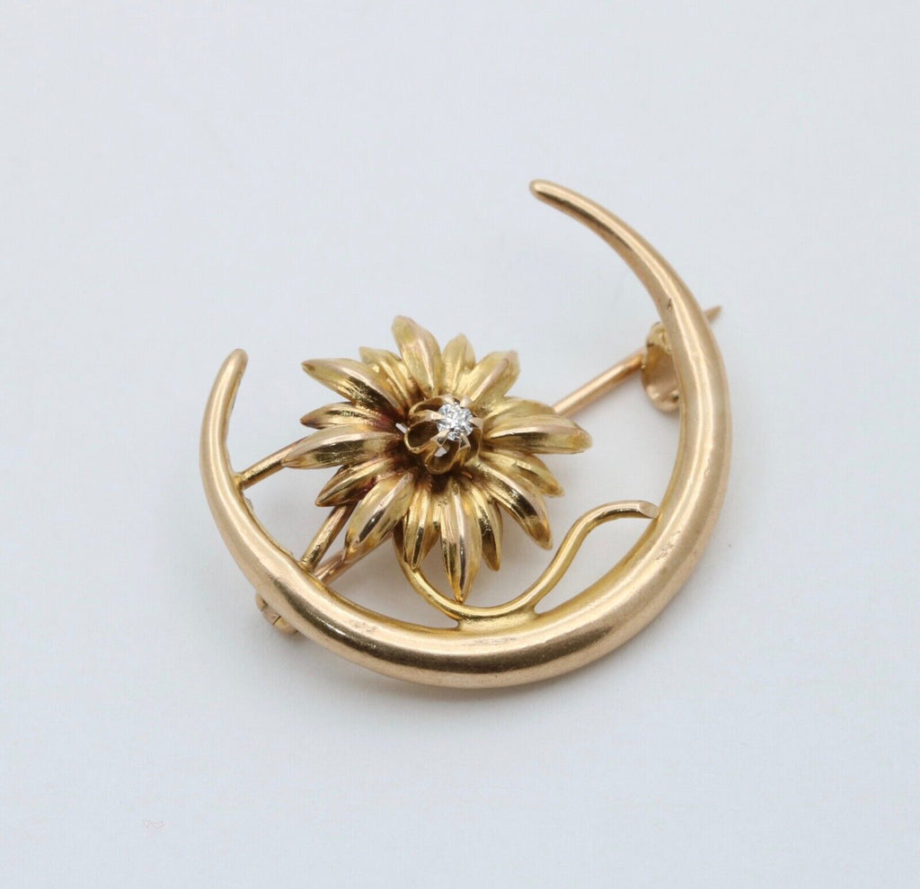 Victorian 10K Yellow Gold Crescent & Chrysanthemum Flower Diamond Pin