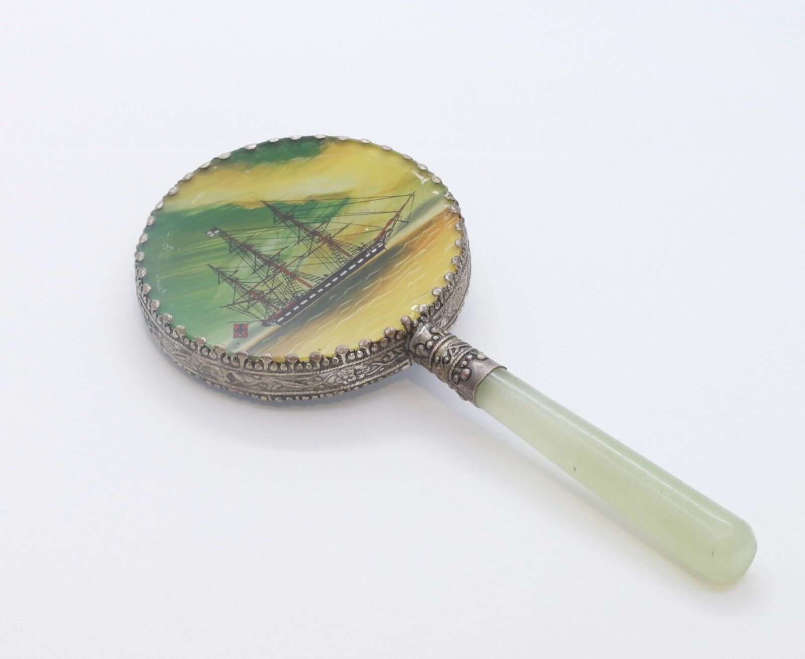 Vintage Chinese Silver Jade Handled Ship Portrait Mirror