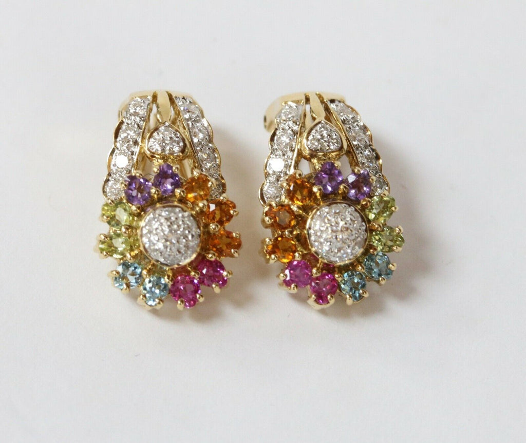 Vintage Sparkling Multi Stone 18K Yellow Gold French Clip Earrings