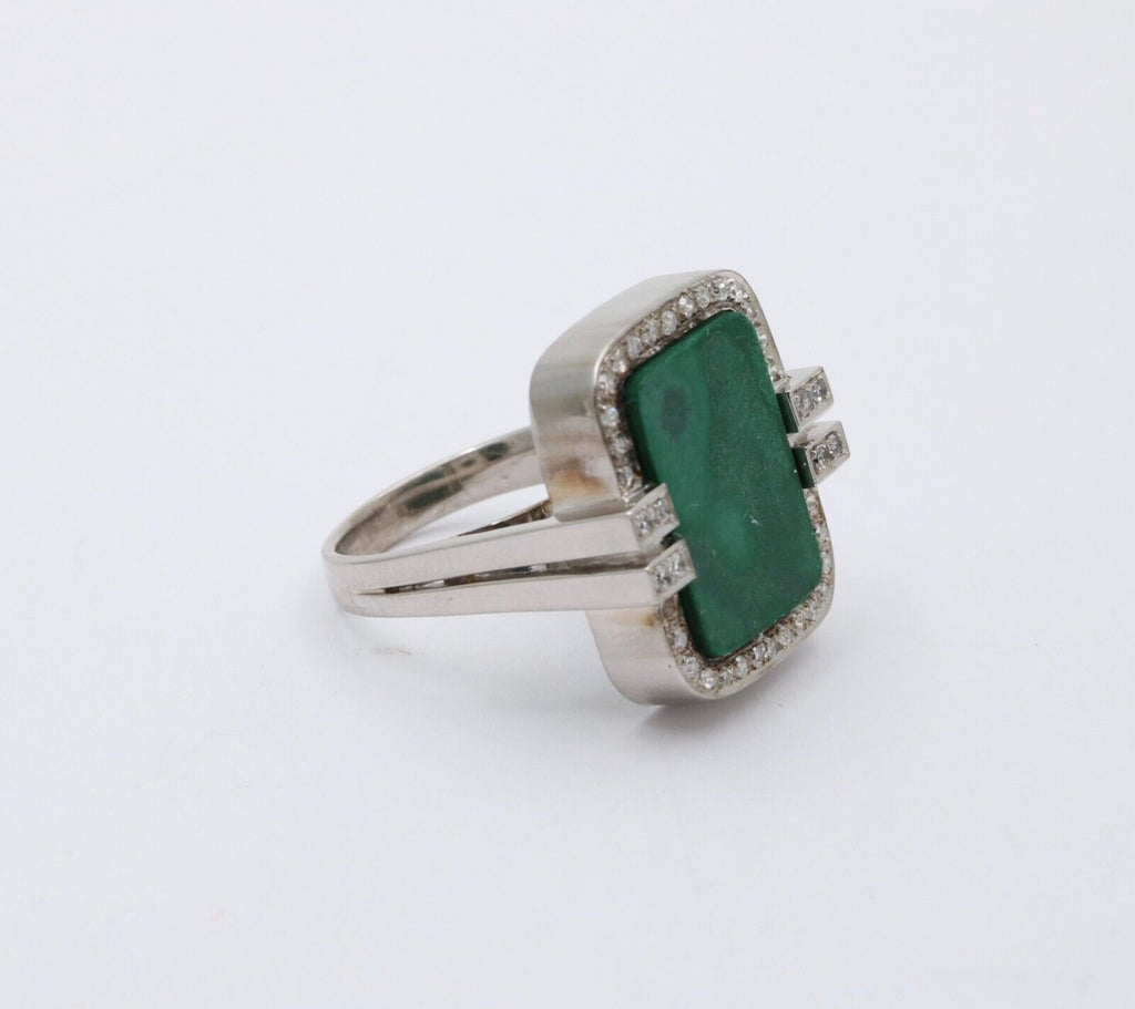 Vintage Aventurine and Diamond 14K White Gold Ring, Statement Ring 12.4 grams